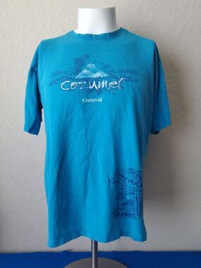 Vintage Carnival Cruise Line Cozumel T Shirt Blue Mayan Ruins Souvenir Tee
